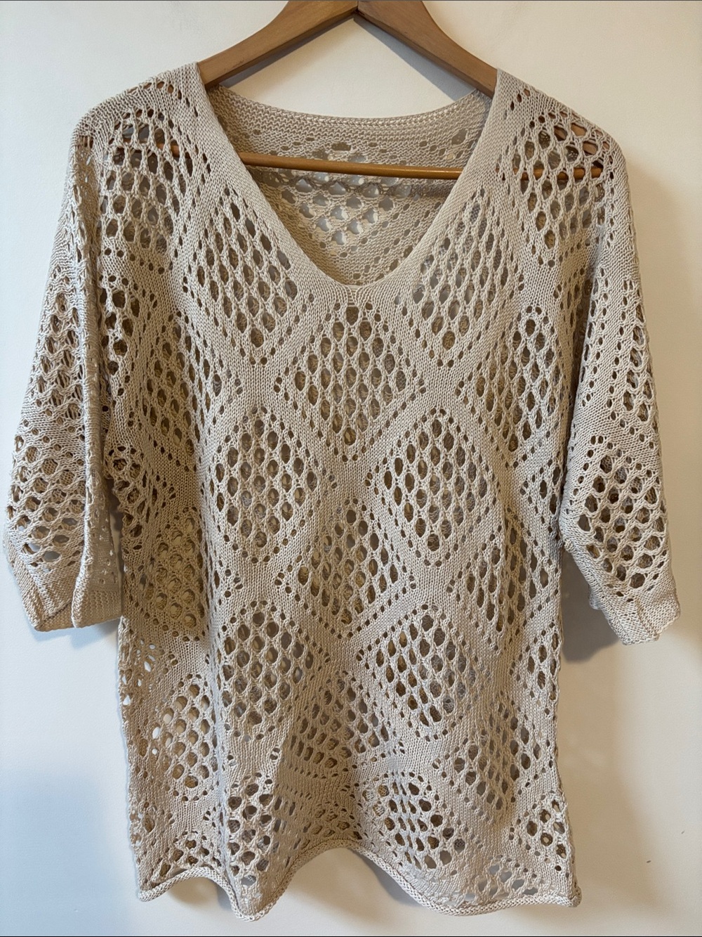 Lightweight Crochet V-Neck Sweater - Cream